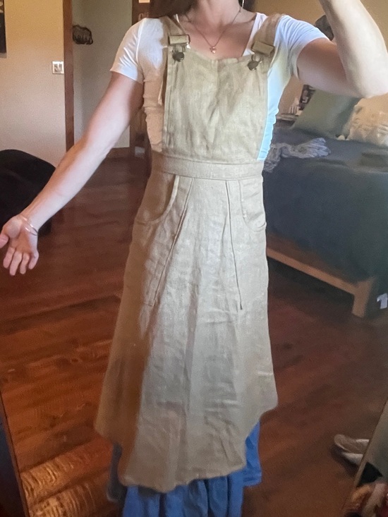 Revivall Clothing Denim - Women's Midi Linen Pinafore Overall Dress in Wheat Color size small